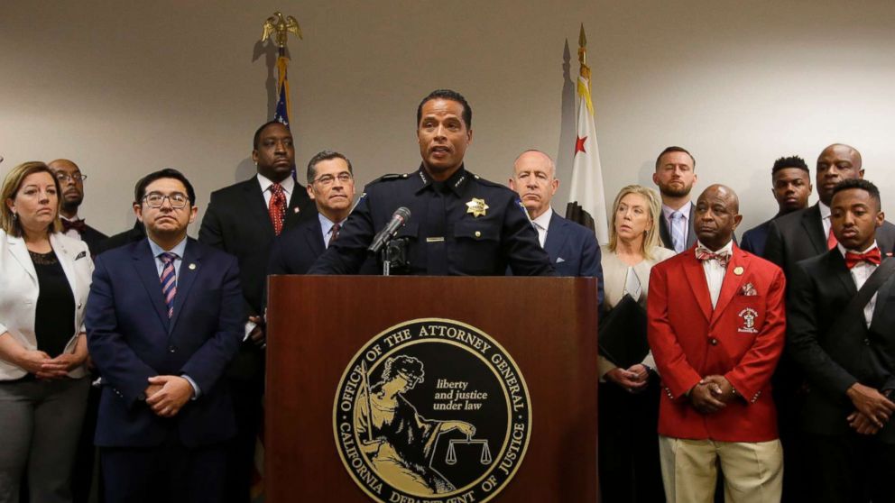 PHOTO: Sacramento Police Chief Daniel Hahn, flanked by civic and community leaders announces that he has asked Attorney General's office to be part of an independent investigation of the death of Stephon Clark in Sacramento, Calif., March 27, 2018.