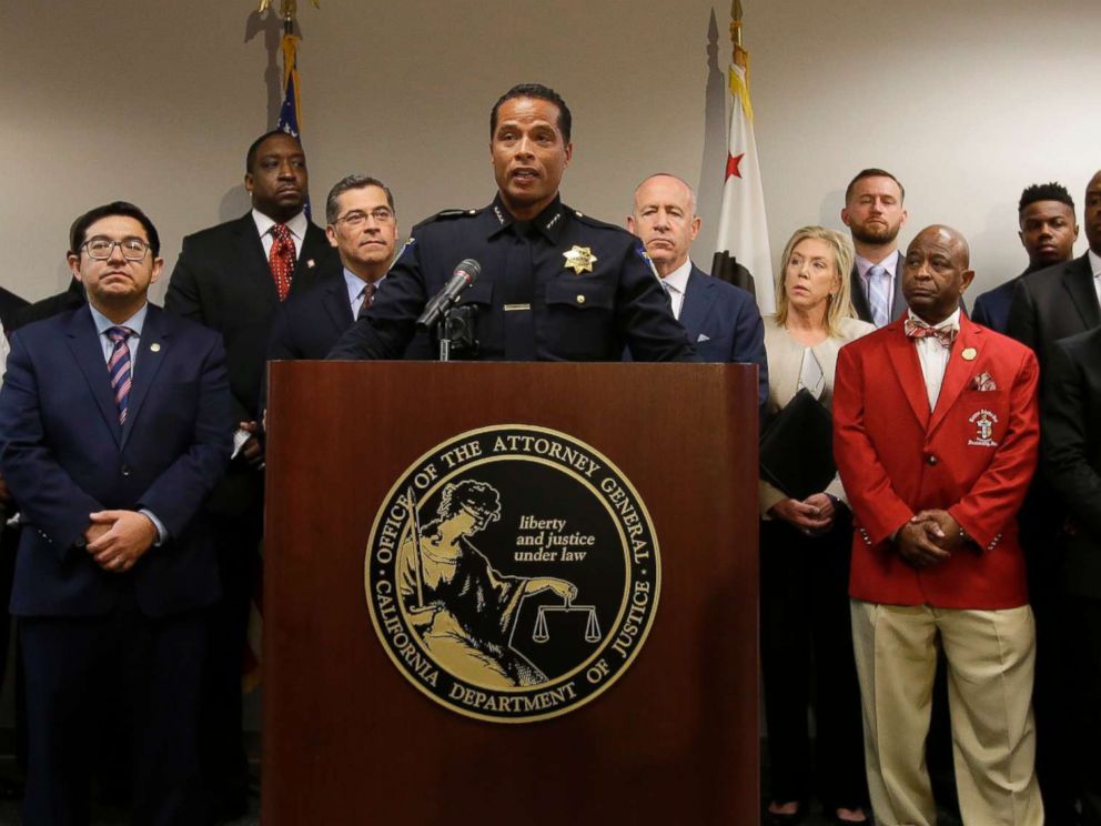 PHOTO: Sacramento Police Chief Daniel Hahn, flanked by civic and community leaders announces that he has asked Attorney Generals office to be part of an independent investigation of the death of Stephon Clark in Sacramento, Calif., March 27, 2018.