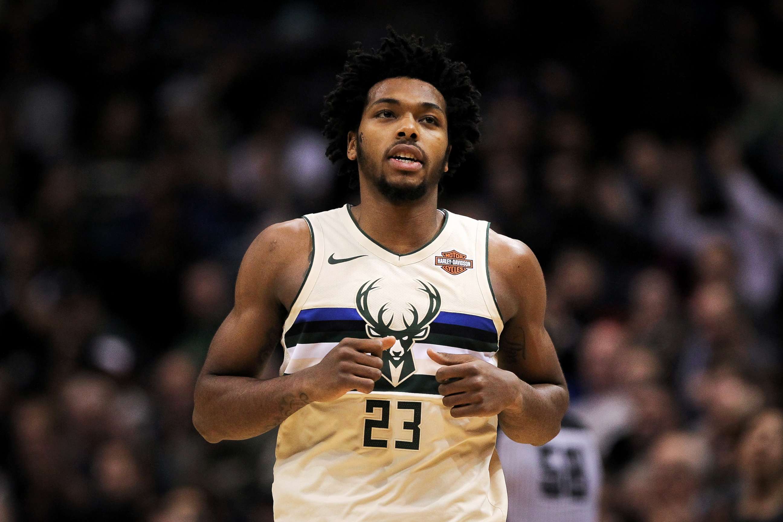 PHOTO: Sterling Brown #23 of the Milwaukee Bucks jogs across the court in the fourth quarter against the Philadelphia 76ers at the Bradley Center on Jan. 29, 2018 in Milwaukee.