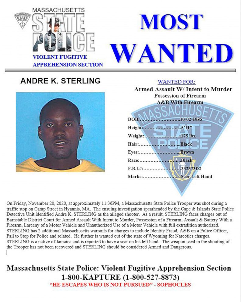 PHOTO: This poster, from the Massachusetts State Police, posted Nov. 24, 2020, shows Andre K. Sterling. Sterling, a suspect in the shooting of a state trooper in Massachusetts, was killed during a shootout with U.S. marshals in New York, Dec. 4, 2020.