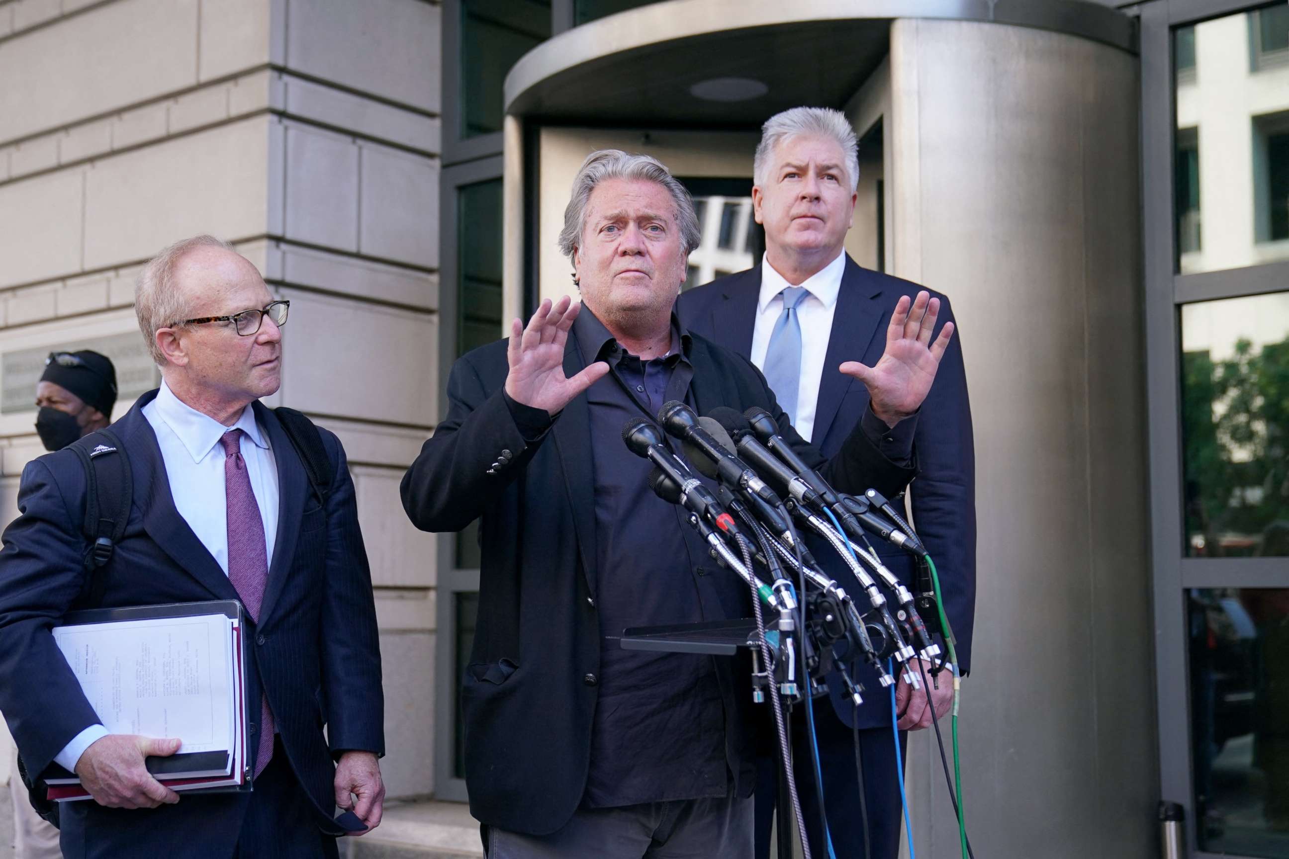 PHOTO: Former Trump White House chief strategist Steve Bannon speaks to members of the press as he departs from the second day of the trial at U.S. District Court in Washington, July 19, 2022.