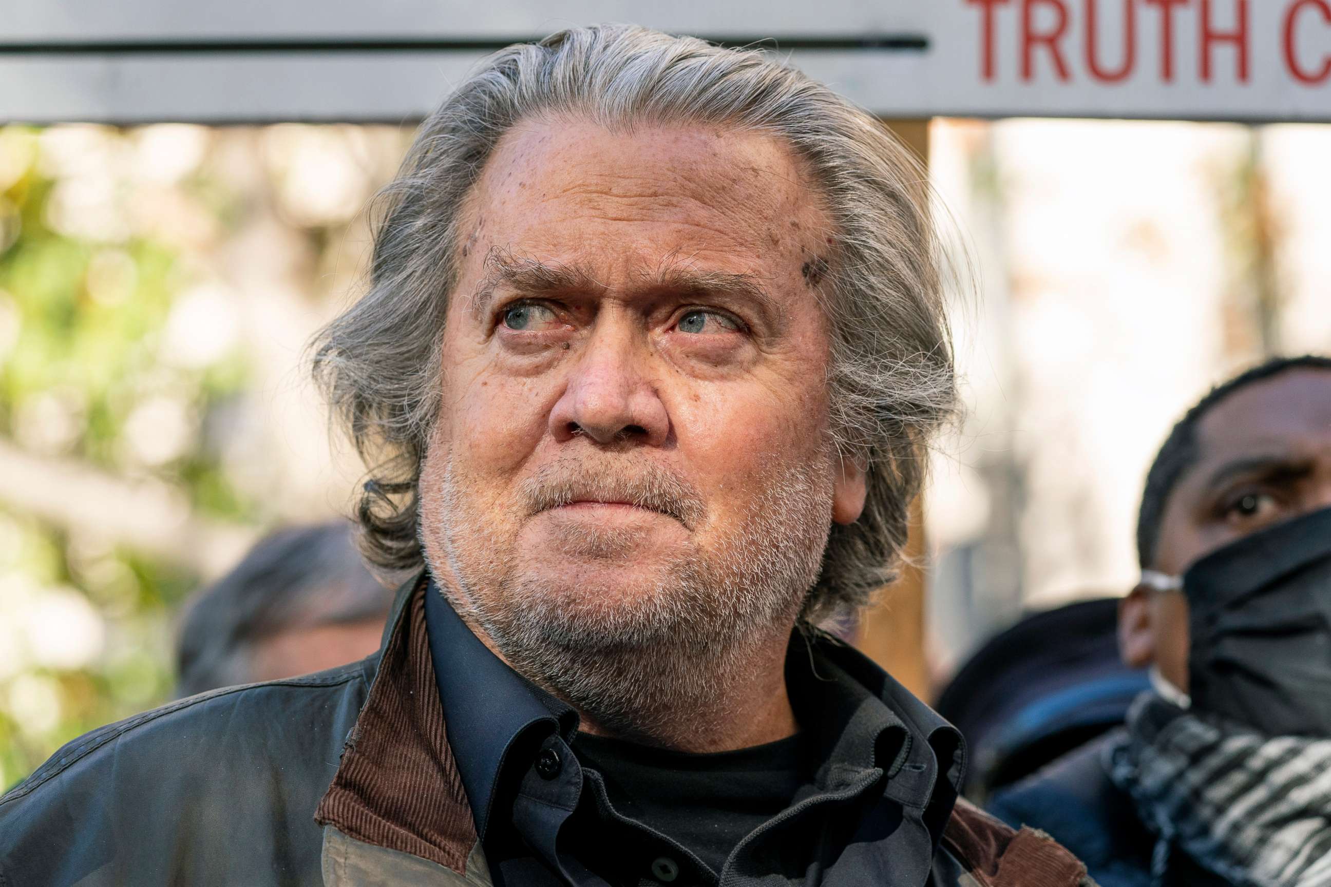 PHOTO: Former White House strategist Steve Bannon speaks with reporters after departing federal court on Nov. 15, 2021, in Washington.