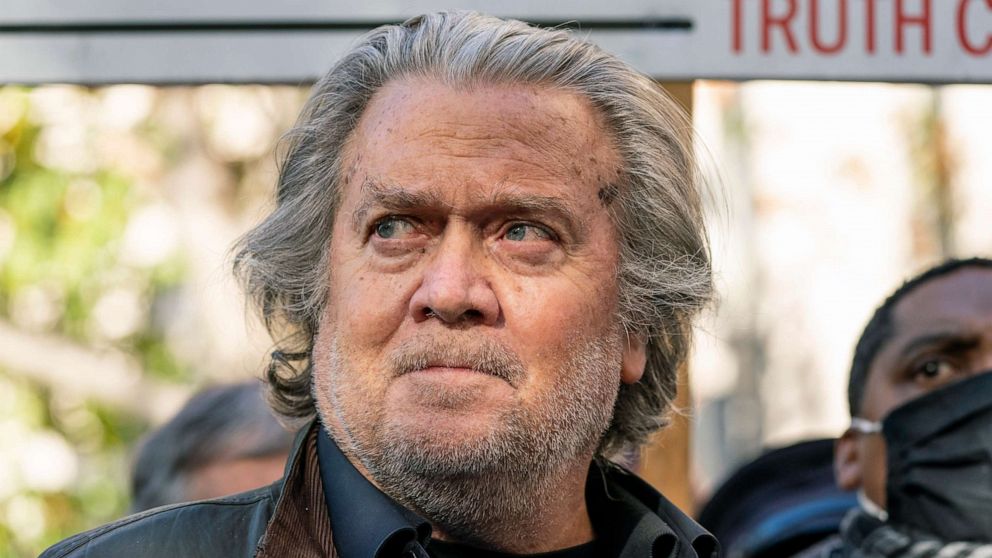 PHOTO: Former White House strategist Steve Bannon speaks with reporters after departing federal court on Nov. 15, 2021, in Washington.