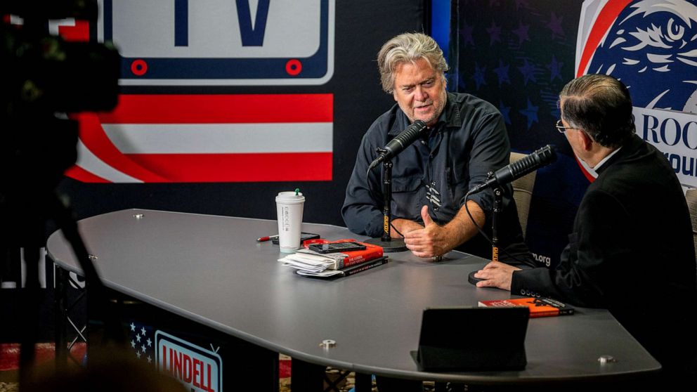 PHOTO: FILE - Steve Bannon, former advisor to former U.S. President Donald Trump, hosts an interview during the Conservative Political Action Conference CPAC held at the Hilton Anatole, Aug. 04, 2022 in Dallas.