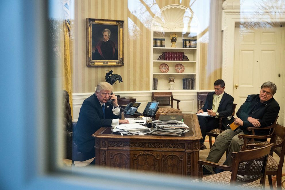 PHOTO: In this Jan. 28, 2017, file photo, President Donald Trump speaks on the phone with Australian Prime Minister Malcolm Turnbull in the Oval Office of the White House, in Washington, D.C.