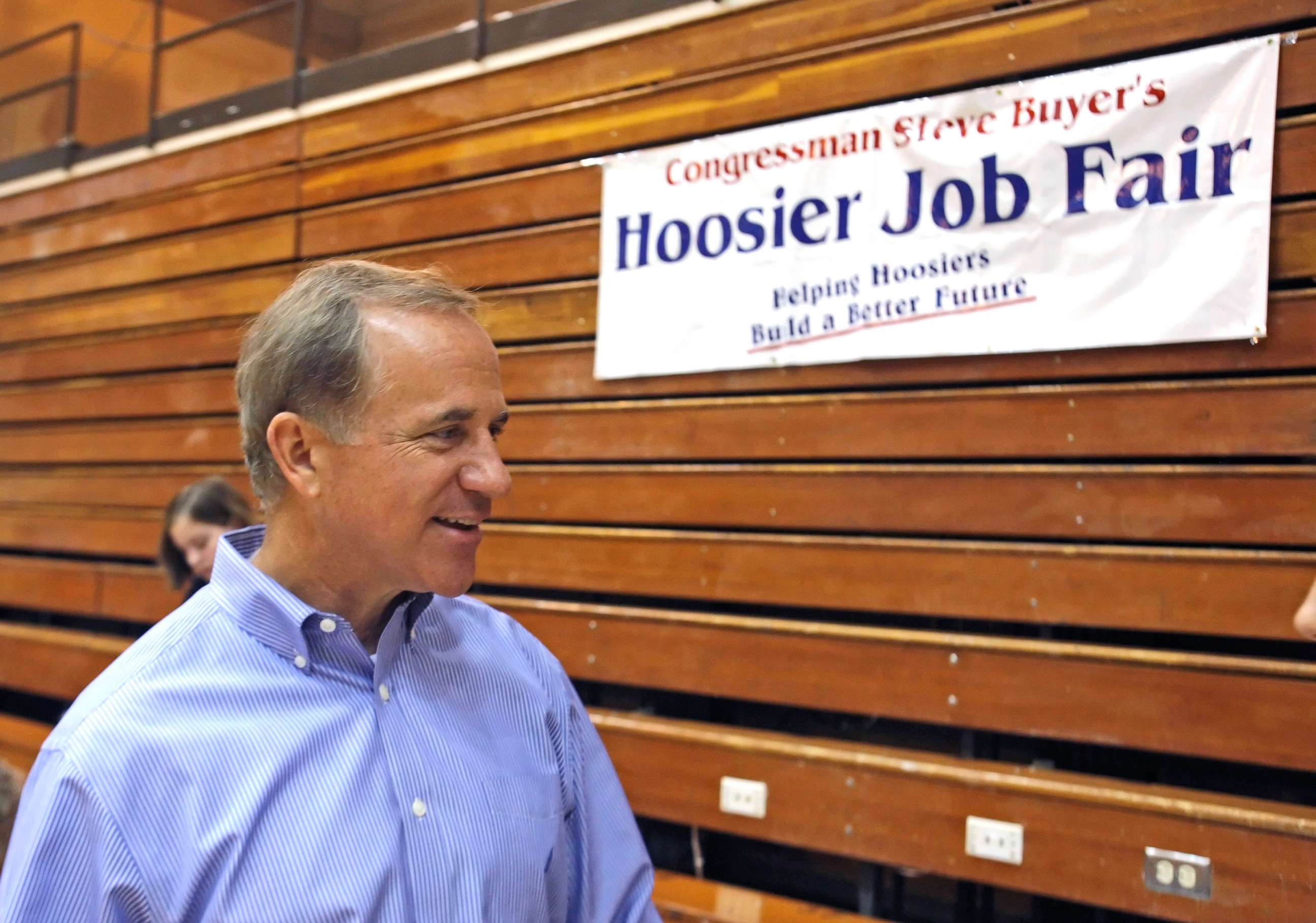 PHOTO: Indiana Congressman Steve Buyer talks during the Hoosier Job Fair Monday, July 19, 2010, at Jefferson High School in Lafayette, Ind.