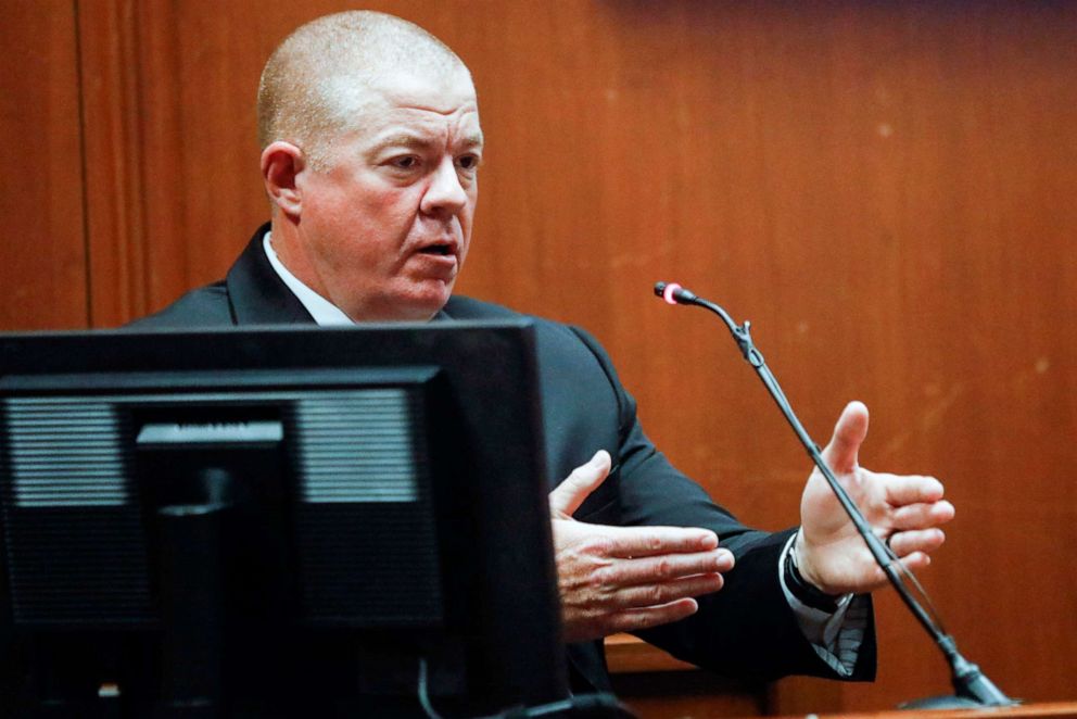 PHOTO: Poweshiek County Sheriff's Office investigator Steve Kivi describes how he encountered a black Chevy Malibu driven by Cristhian Bahena Rivera during trial testimony at the Scott County Courthouse in Davenport, Iowa, on May 20, 2021.