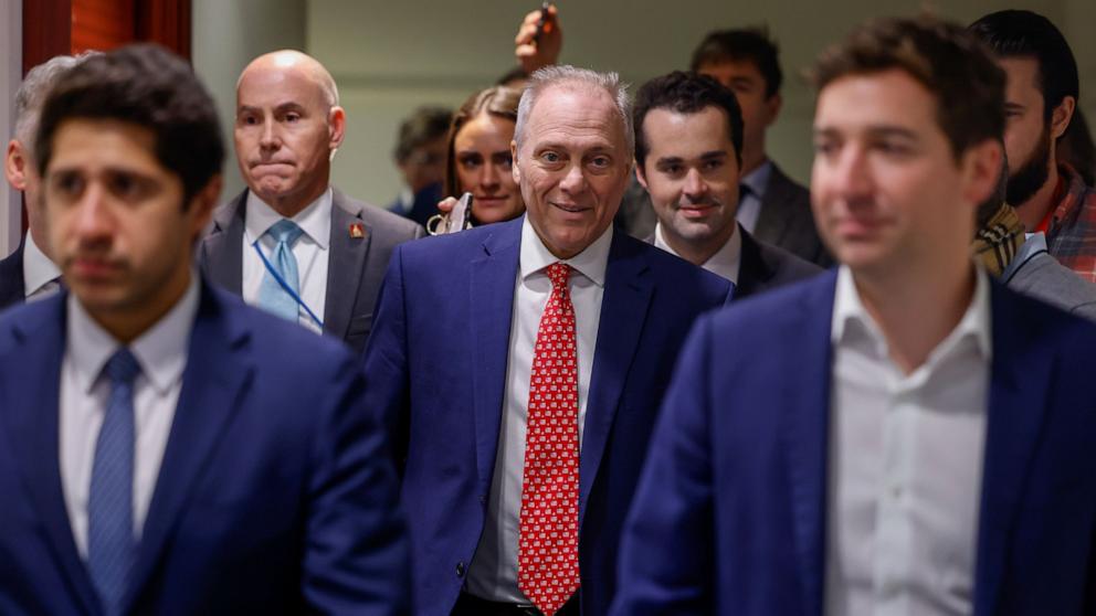 PHOTO: House Majority Leader Steve Scales walks to a Republican caucus meeting as he negotiates a budget supplemental to avert a government shutdown in the U.S. Capitol in Washington, Dec. 20, 2024.