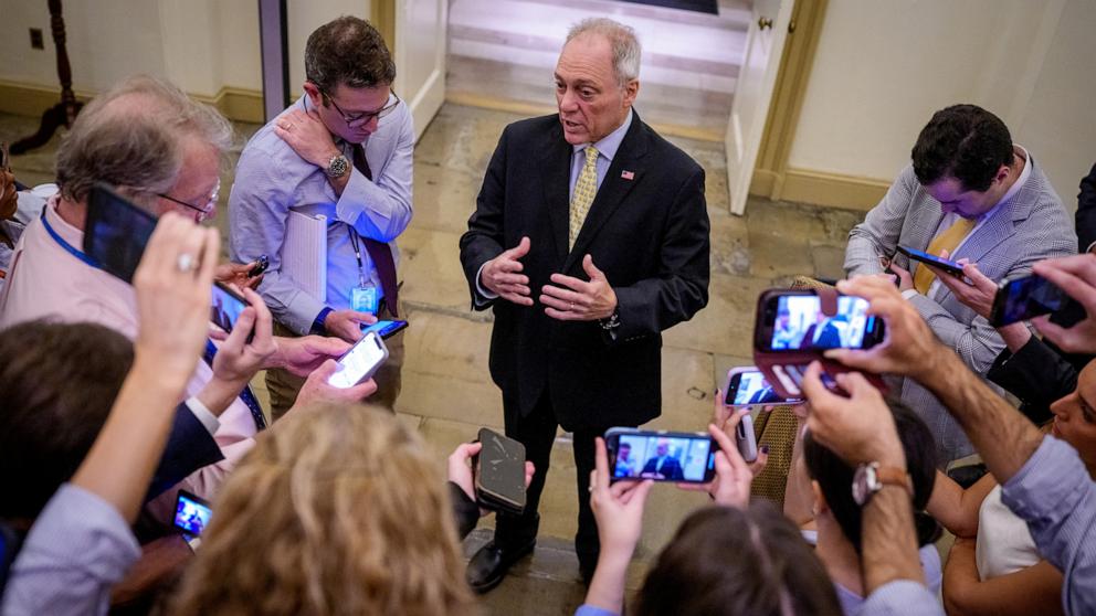 PHOTO: House Majority Leader Steve Scalise speaks to reporters as he arrives at the U.S. Capitol Building, July 2, 2025 in Washington.