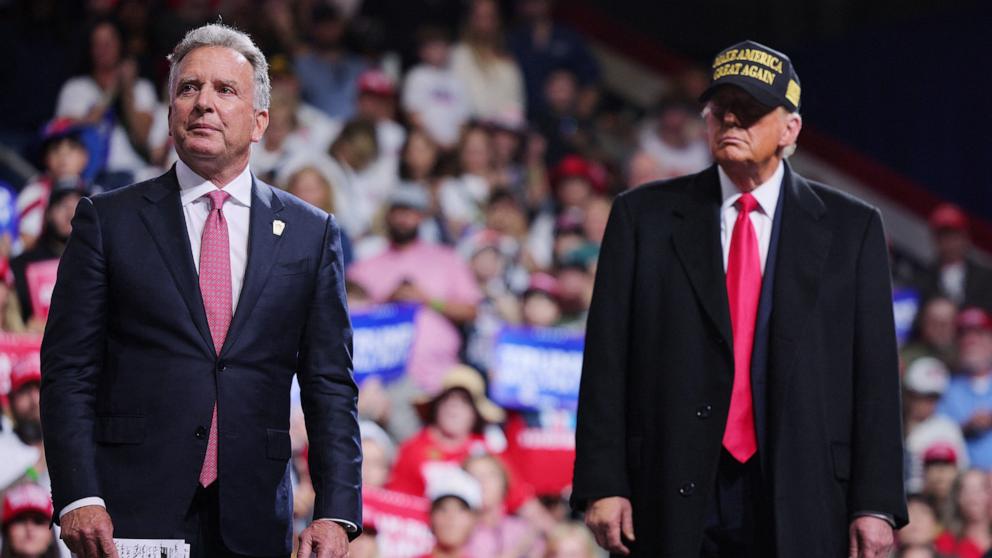 PHOTO: Businessman Steve Witkoff stands onstage with Republican presidential nominee and former President Donald Trump during a campaign rally in Macon, Georgia, Nov. 3, 2024.