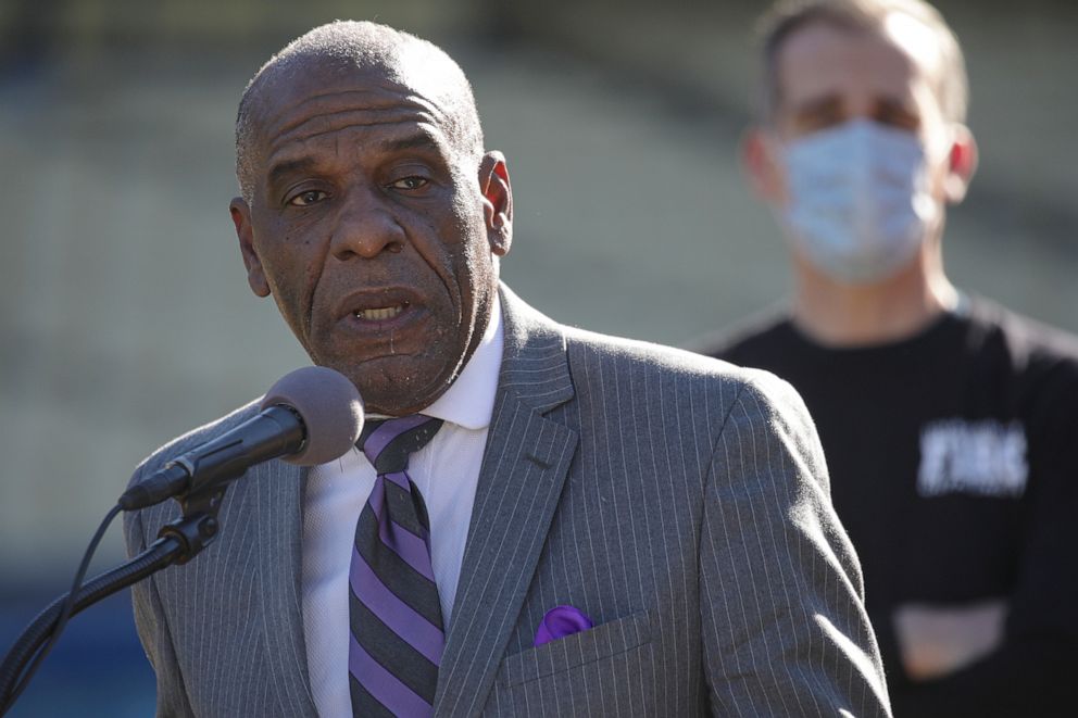 PHOTO: In this Jan. 15, 2021, file photo, state Sen. Steven Bradford, who will serve on the state's reparations task force, addresses a press conference at Dodger Stadium in Los Angeles.