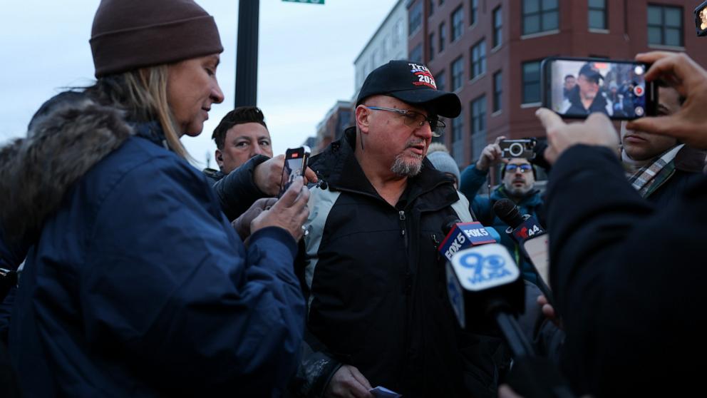 PHOTO: Stewart Rhodes speaks with press after being released last night after spending the past 3 years in Cumberland, Maryland at the Federal Correctional Institution on January 21, 2025 in Washington, DC.