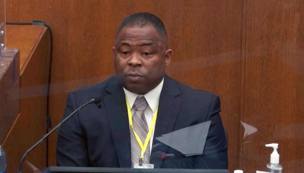 PHOTO: Jody Stiger, a Los Angeles Police Department sergeant, testifies in the trial of former Minneapolis police Officer Derek Chauvin, April 6, 2021, at the Hennepin County Courthouse in Minneapolis.