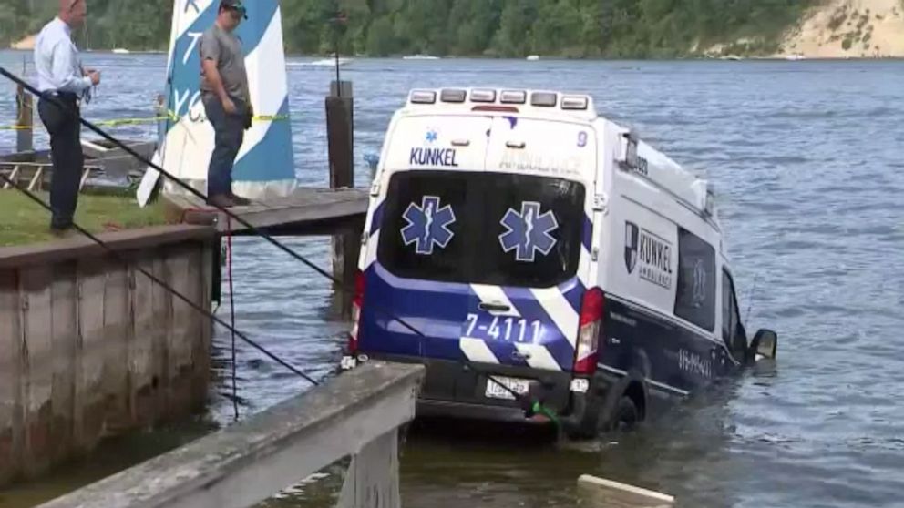 PHOTO: An ambulance stolen in Utica, New York ended up in a lake in a suburb of Rochester, New York, June 13, 2021.