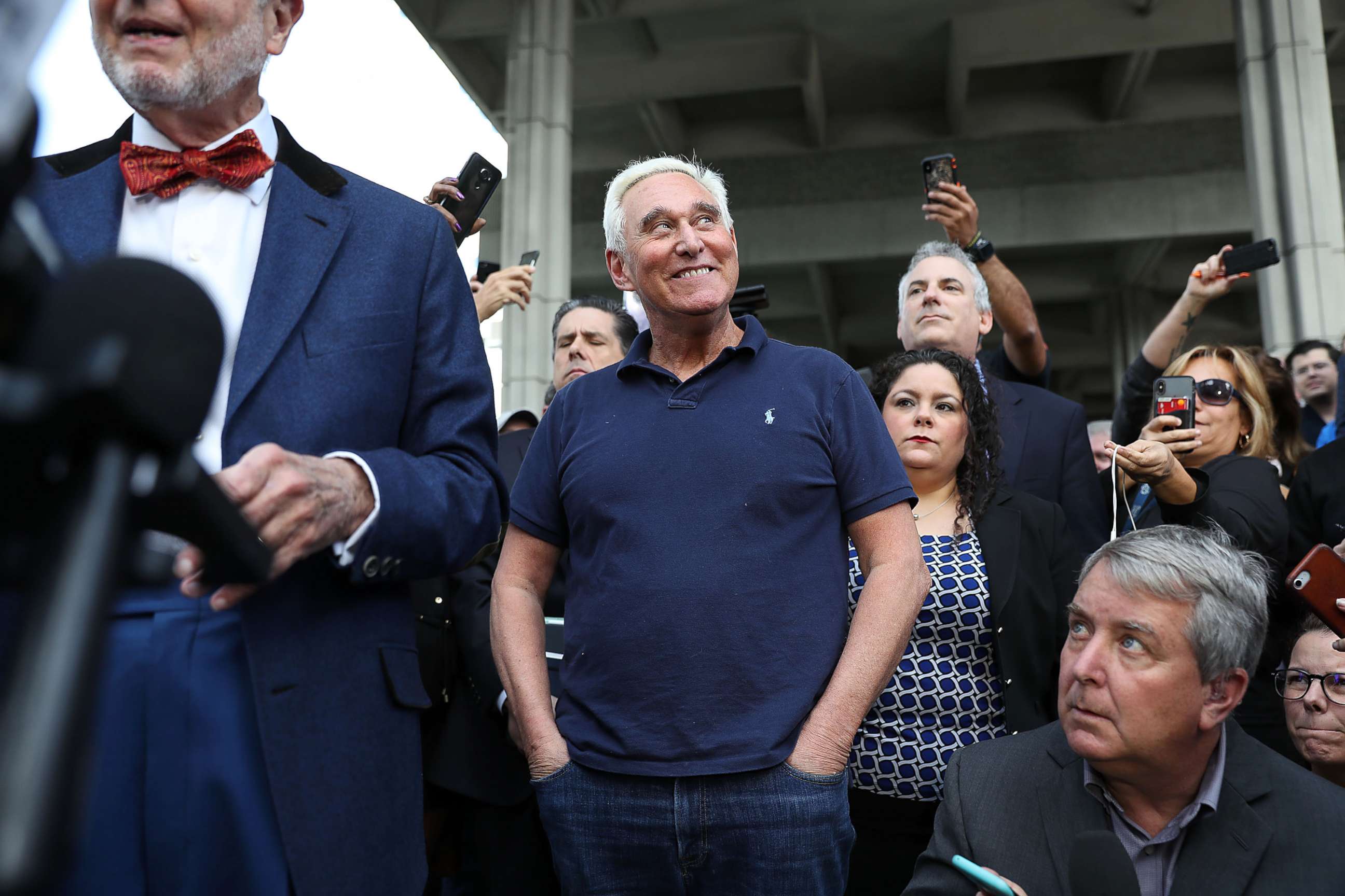 PHOTO: Roger Stone, a former advisor to President Donald Trump, waits to speak to the media after exiting the Federal Courthouse, Jan. 25, 2019 in Fort Lauderdale, Fla.