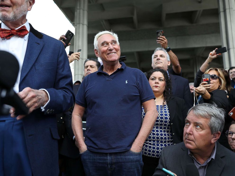 PHOTO: Roger Stone, a former advisor to President Donald Trump, waits to speak to the media after exiting the Federal Courthouse, Jan. 25, 2019 in Fort Lauderdale, Fla.