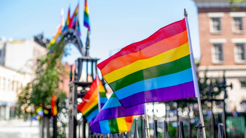 PHOTO: The Stonewall Monument is decorated with pride flags, June 23, 2021 in New York City.