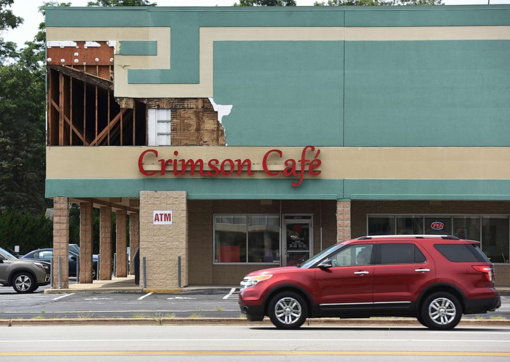 PHOTO: Recent storms across Michigan have left thousands without power, flooded roads and caused damage, including the facade of the Crimson Cafe in Stevensville, Mich., on Aug. 11, 2021.