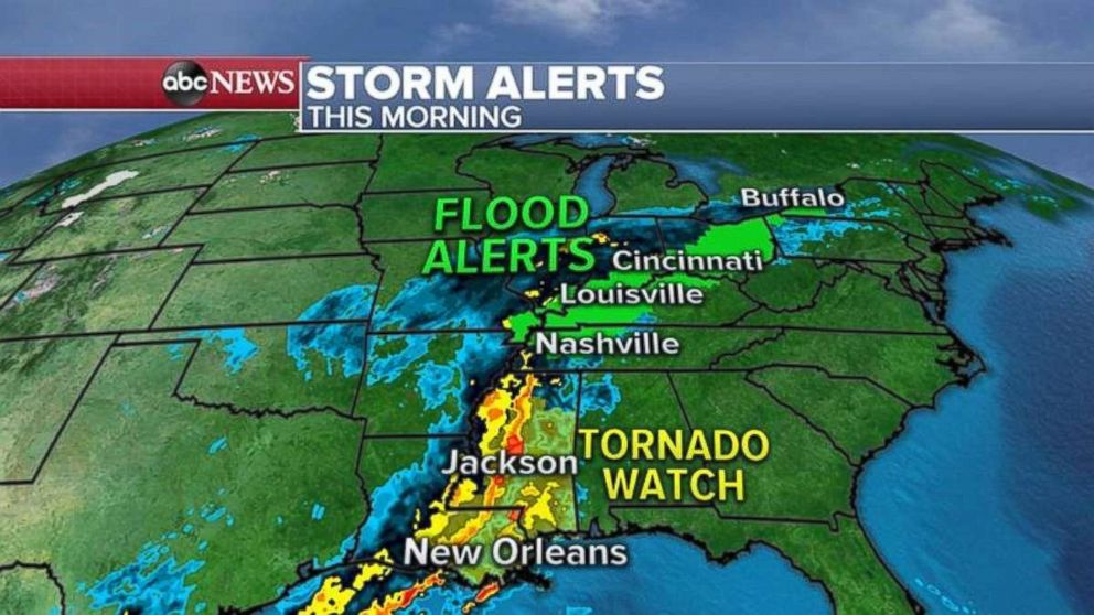 PHOTO: Flood alerts are in place through Tennessee, Kentucky and Ohio on Thursday, while tornadoes are possible through Mississippi and Louisiana.