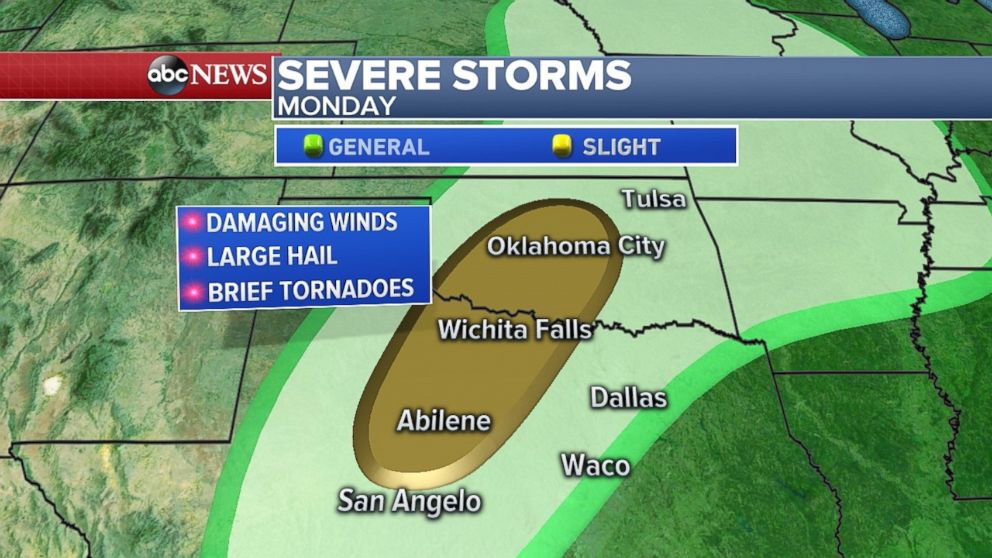 Severe storms are possible for Monday in northern Texas and Oklahoma.