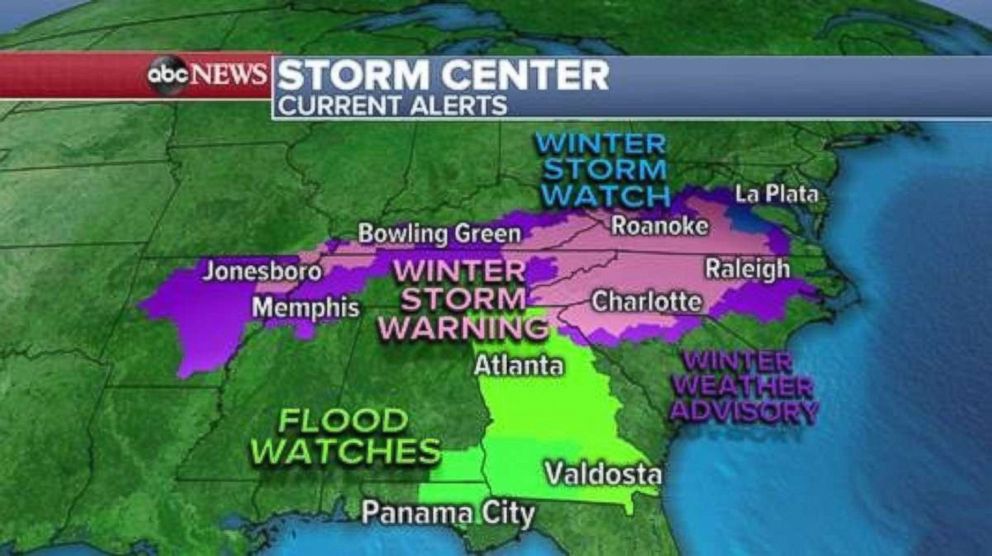 PHOTO: Storm alerts cover the Southeast on Sunday due to a major storm moving through.