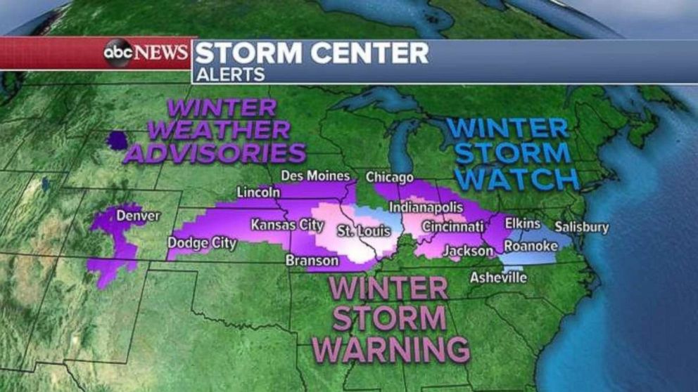 PHOTO: Winter storm warnings and watches are in place from Colorado to the East Coast on Friday.