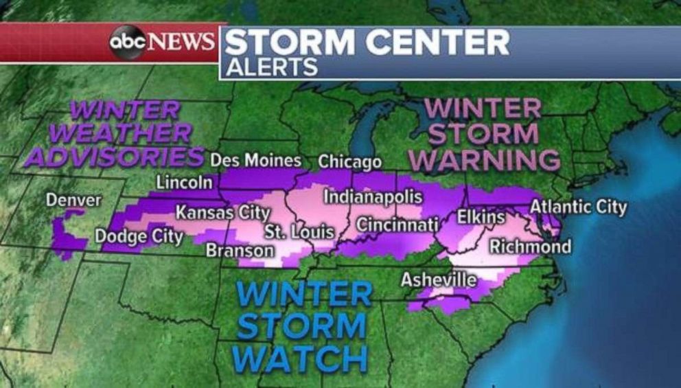 PHOTO: Storm alerts are in place from Kansas to Washington, D.C., on Saturday.