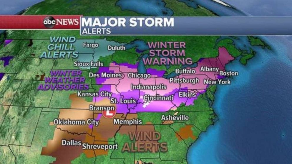 PHOTO: Winter storm warnings are in place from the Midwest through the Northeast on Saturday.