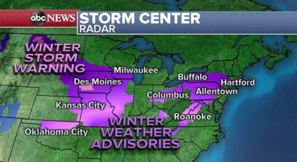 PHOTO: Winter storm warnings and weather advisories are in place from the Northern Plains to New England on Sunday.
