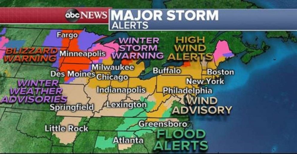 PHOTO: Alerts are in place across most of the Midwest and Northeast on Sunday.