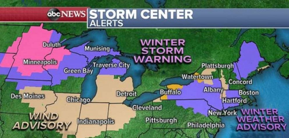 PHOTO: Winter storm warnings and winter weather advisories are in place in the Great Lakes and Northeast on Sunday.