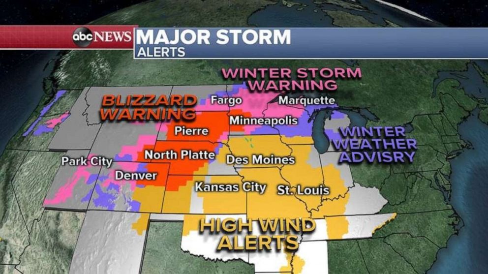 PHOTO: Storm alerts are in place across most of the central U.S. for snow and wind.