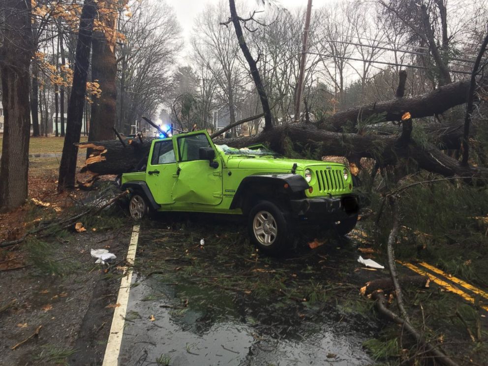 PHOTO: The Tewksbury Police posted this photo to their Twitter account of a tree severely damaging a jeep, March 2, 2018. 
