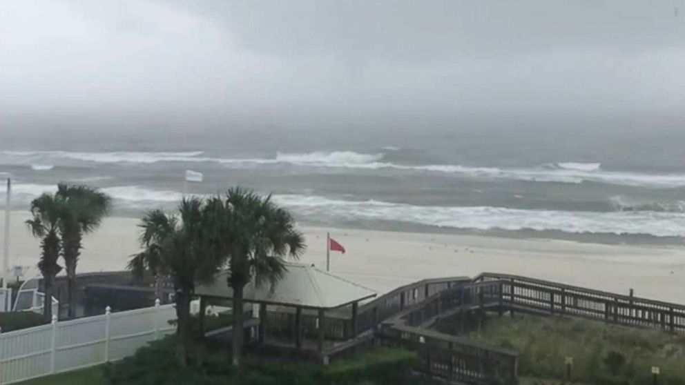 PHOTO: Rain and choppy sea are seen at Orange Beach, Ala., ahead of hurricane Nate in this still image from a video taken Oct. 7, 2017, obtained from social media. 