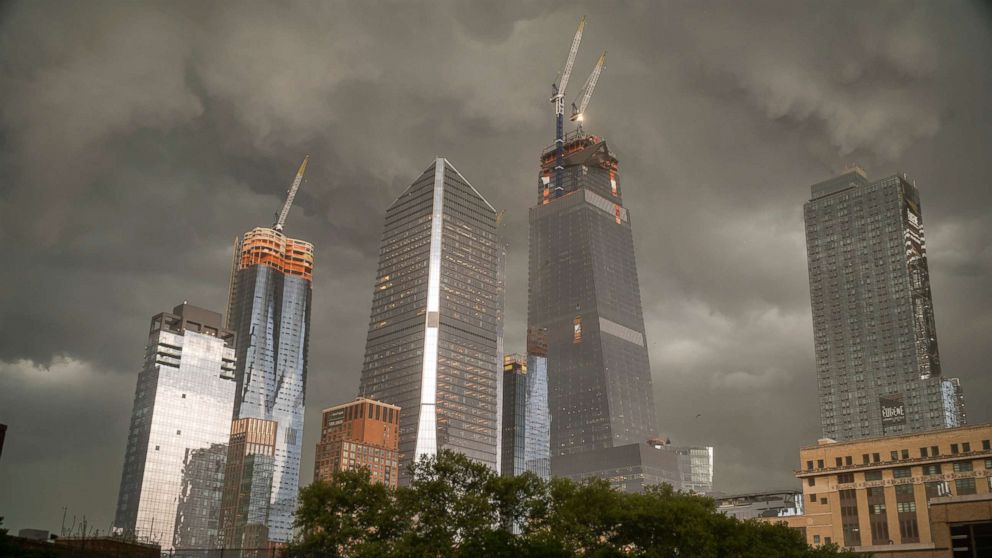 The Hudson Yards development on the west side of Manhattan in New York is seen as a fast moving storm passes through the city, May 15, 2018.