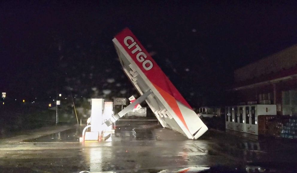 PHOTO: A gas station roof is blown away by Tropical Storm Nicholas in Matagorda, Texas, Sept. 13, 2021.