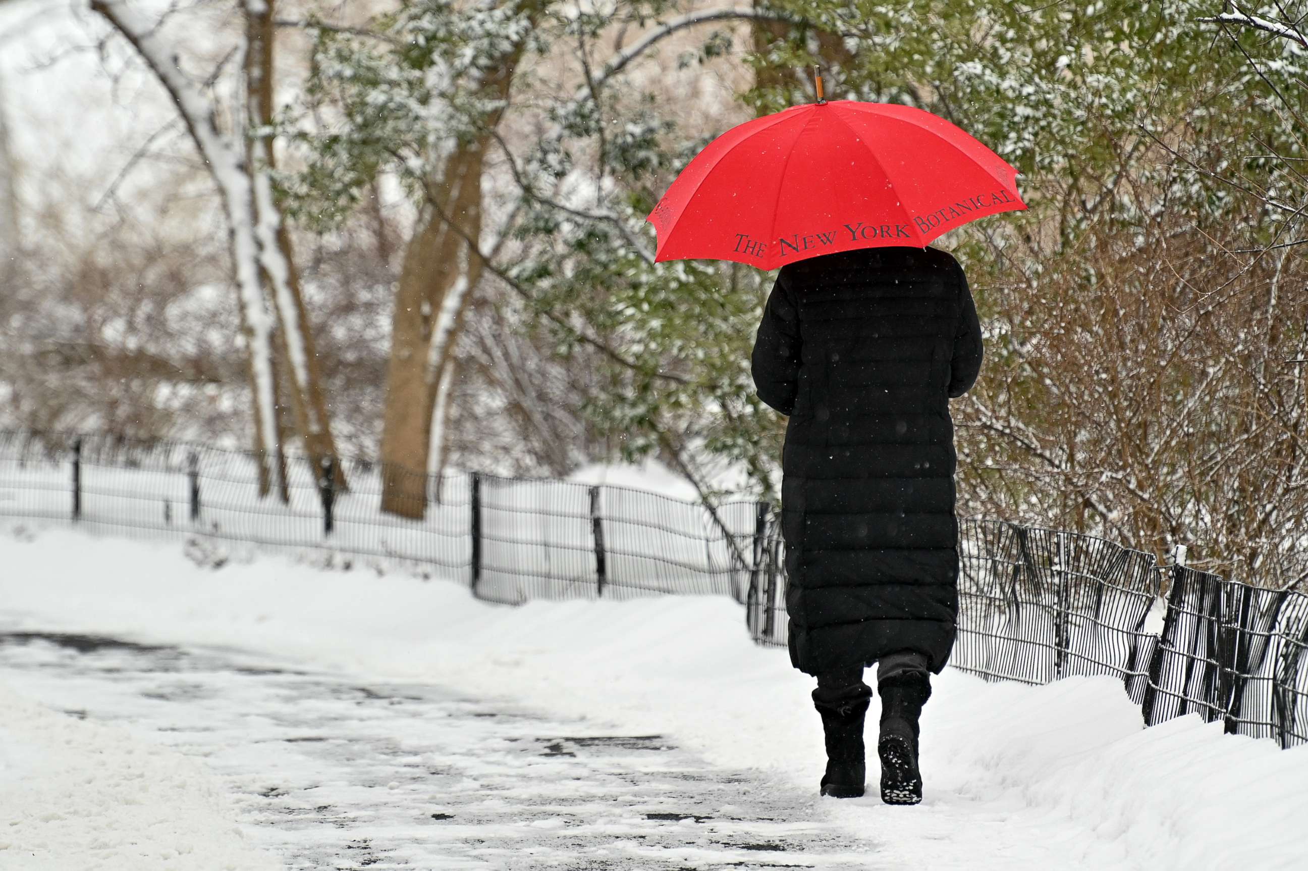 PHOTO: A person holding a red umbrella walks down a snowy path during a snowstorm in Central Park on Feb. 19, 2021 in New York City.