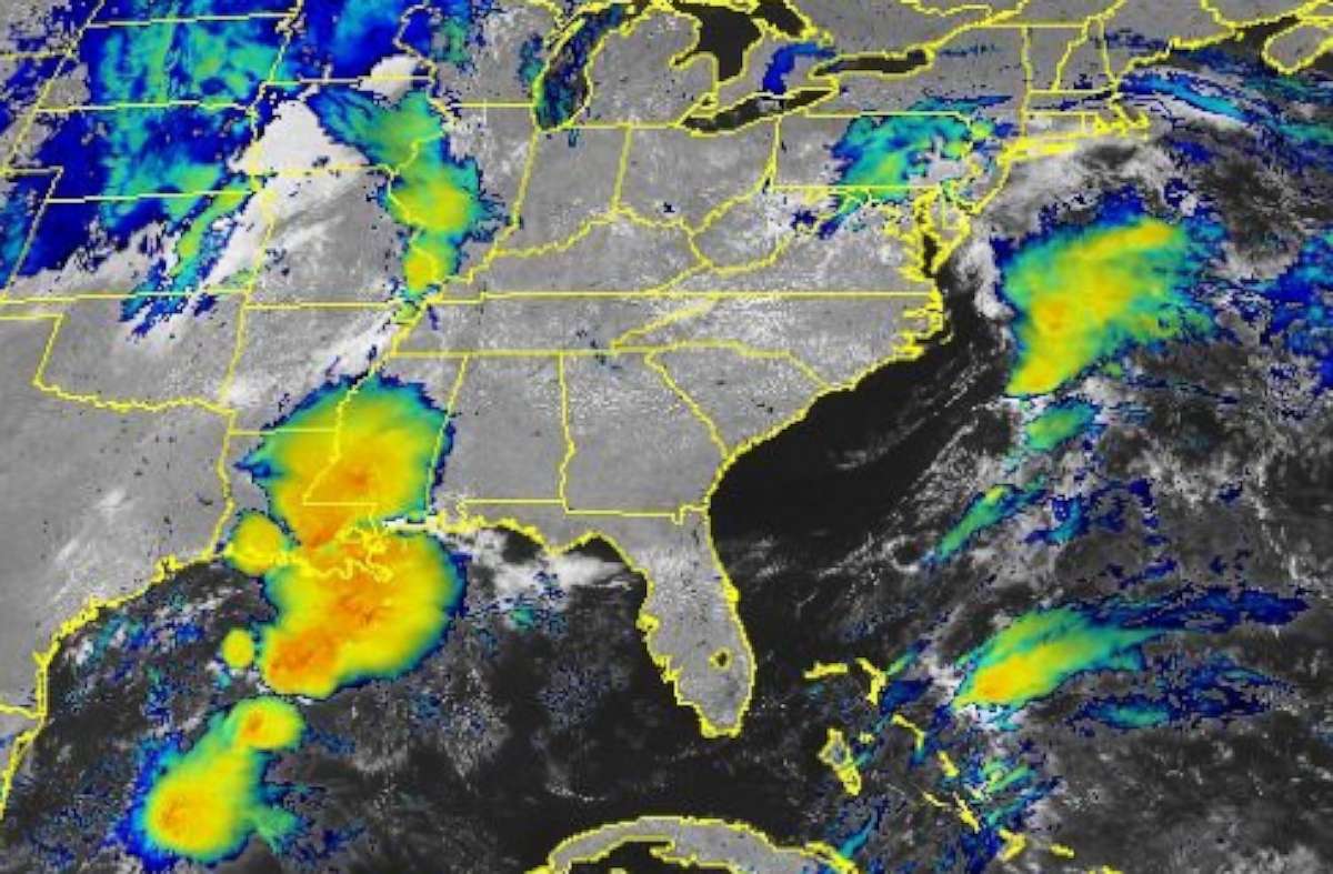 PHOTO: Satellite imagery from NOAA shows storm systems moving across the South and Midwest, on April 15, 2023.