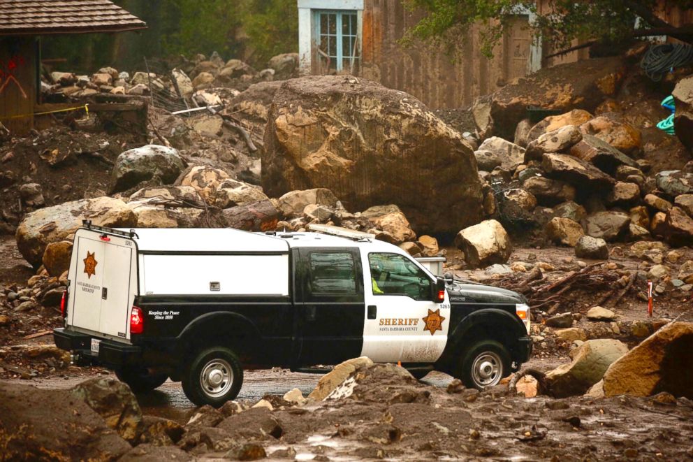 PHOTO: Santa Barbara County Sheriff's patrol the Glen Oaks Drive area near East Valley Road and San Ysidro Creek Wednesday as s mandatory evacuation remains in place, March 21, Montecito, Calif. 