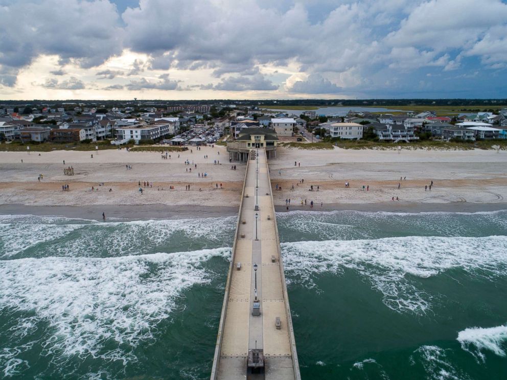 PHOTO: Johnny Mercers Fishing Pier juts into the Atlantic Ocean two days before Hurricane Florence is expected to strike Wrightsville Beach, N.C., Sept. 11, 2018.