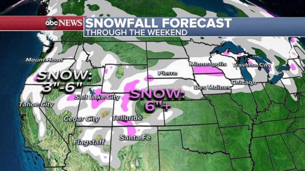 PHOTO: The storm will bring snow to from the Plains into the Great Lakes. Des Moines, Twin Cities, Green Bay and the west of Chicago will see the heaviest snow, Jan. 21, 2021.