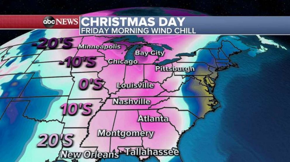 PHOTO: On Christmas Day, cold air will be wrapping around the storm system and surging into the U.S. 