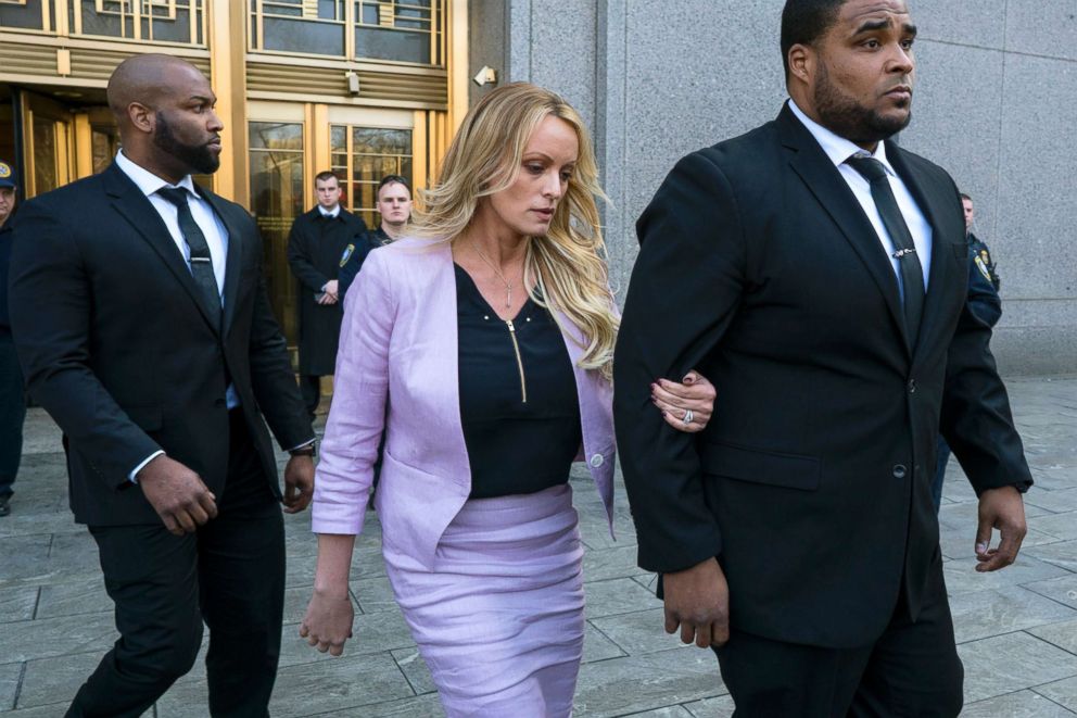 PHOTO: Adult film actress Stormy Daniels leaves federal court after speaking to members of the media, April 16, 2018, in New York.