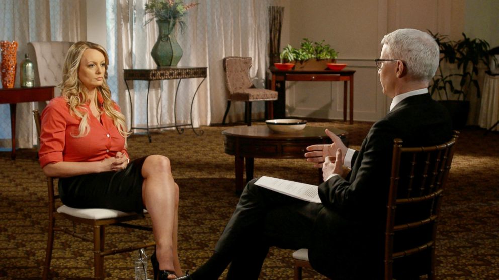 PHOTO: Stormy Daniels, an adult film star and director whose real name is Stephanie Clifford is interviewed by Anderson Cooper of CBS News' 60 Minutes program in early March 2018.