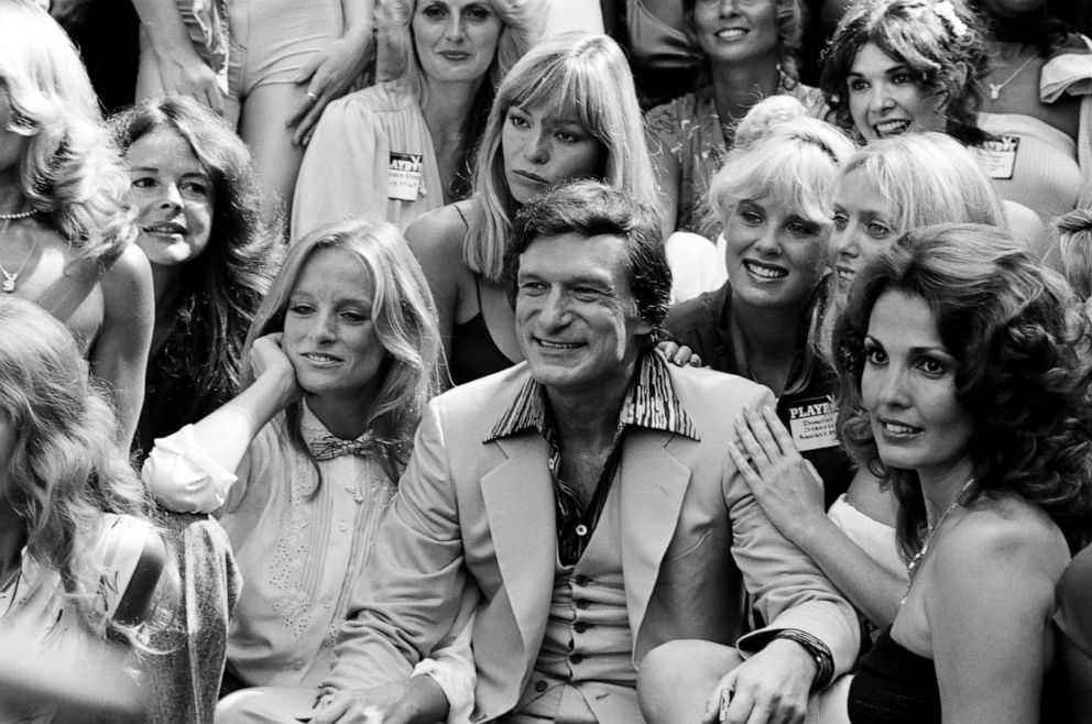 PHOTO: Playboy founder Hugh Hefner, Playmates Dorothy Stratten, Connie Kreski, Angela Dorian celebrating Playboy Magazine's 25th Anniversary All-Day Saturday Playmate Reunion at the Playboy Mansion West, Sept. 8, 1979, in Los Angeles.