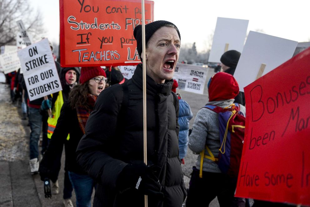 PHOTO: Denver Public Schools teachers and members of the community picket outside South High School, Feb. 11, 2019, in Denver. 