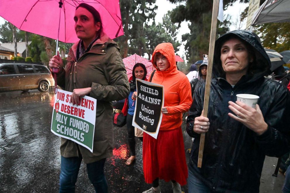 PHOTO: Teachers and their supporters picket outside John Marshall High School in Los Angeles on the first day of the teachers' strike, Jan. 14, 2019.