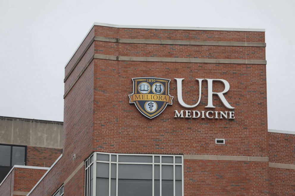 PHOTO: UR Medicine logo is posted on one of the buildings at Strong Memorial UR Medicine logo is posted on one of the buildings at Strong Memorial Hospital in Rochester, N.Y., March 3, 2020.