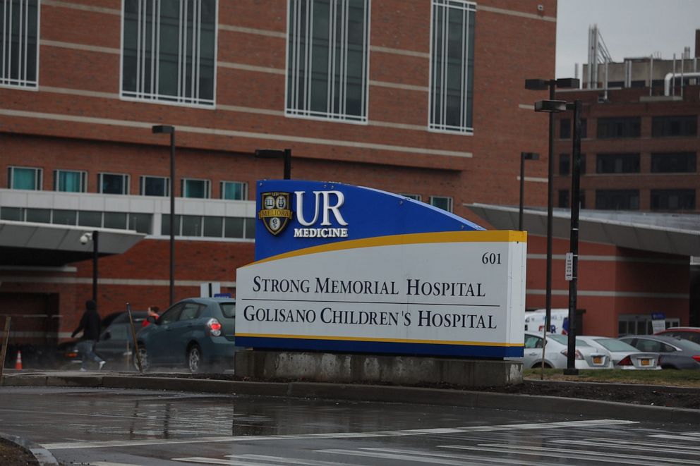 PHOTO: Strong Memorial Hospital and Golisano Children's Hospital sign in Rochester, N.Y., March 3, 2020.