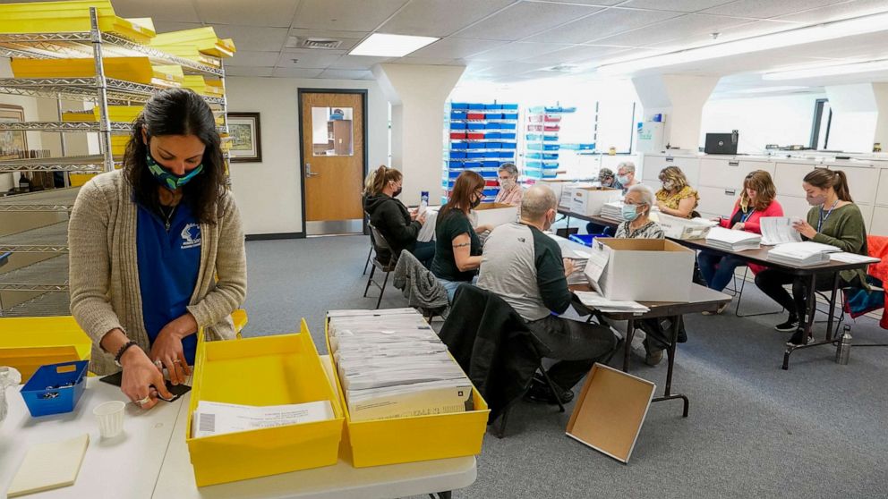 PHOTO: Monroe County municipal workers count ballots as vote counting in the general election continues, Nov. 5, 2020, in Stroudsburg, Pa.